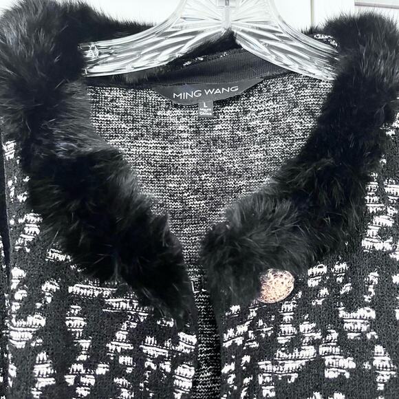 Ming Wang Black Jacquard Knit Fur Collar Velvet Trim Cardigan Jacket Size Large - Picture 3 of 9